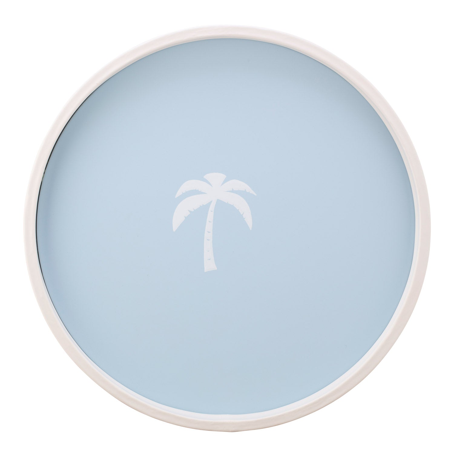 Light Blue | Round serving tray with a white palm tree decal in the center, displayed on a white background.