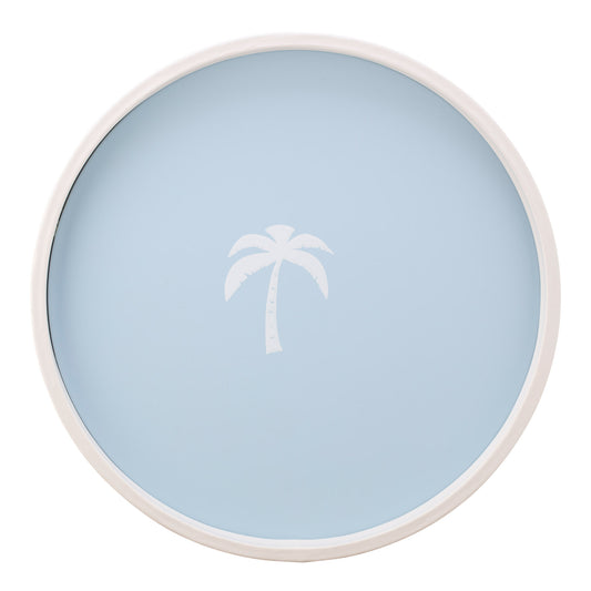 Light Blue | Round serving tray with a white palm tree decal in the center, displayed on a white background.
