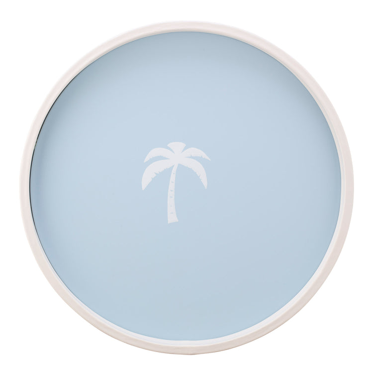 Light Blue | Round serving tray with a white palm tree decal in the center, displayed on a white background.