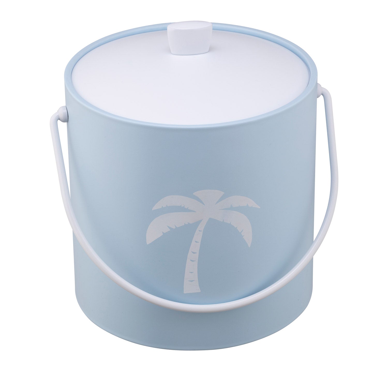 Light Blue | Ice bucket with a centered white palm tree graphic, placed on a white surface.