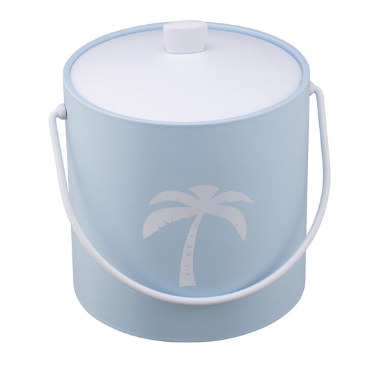 Light Blue | Ice bucket with a centered white palm tree graphic, placed on a white surface.