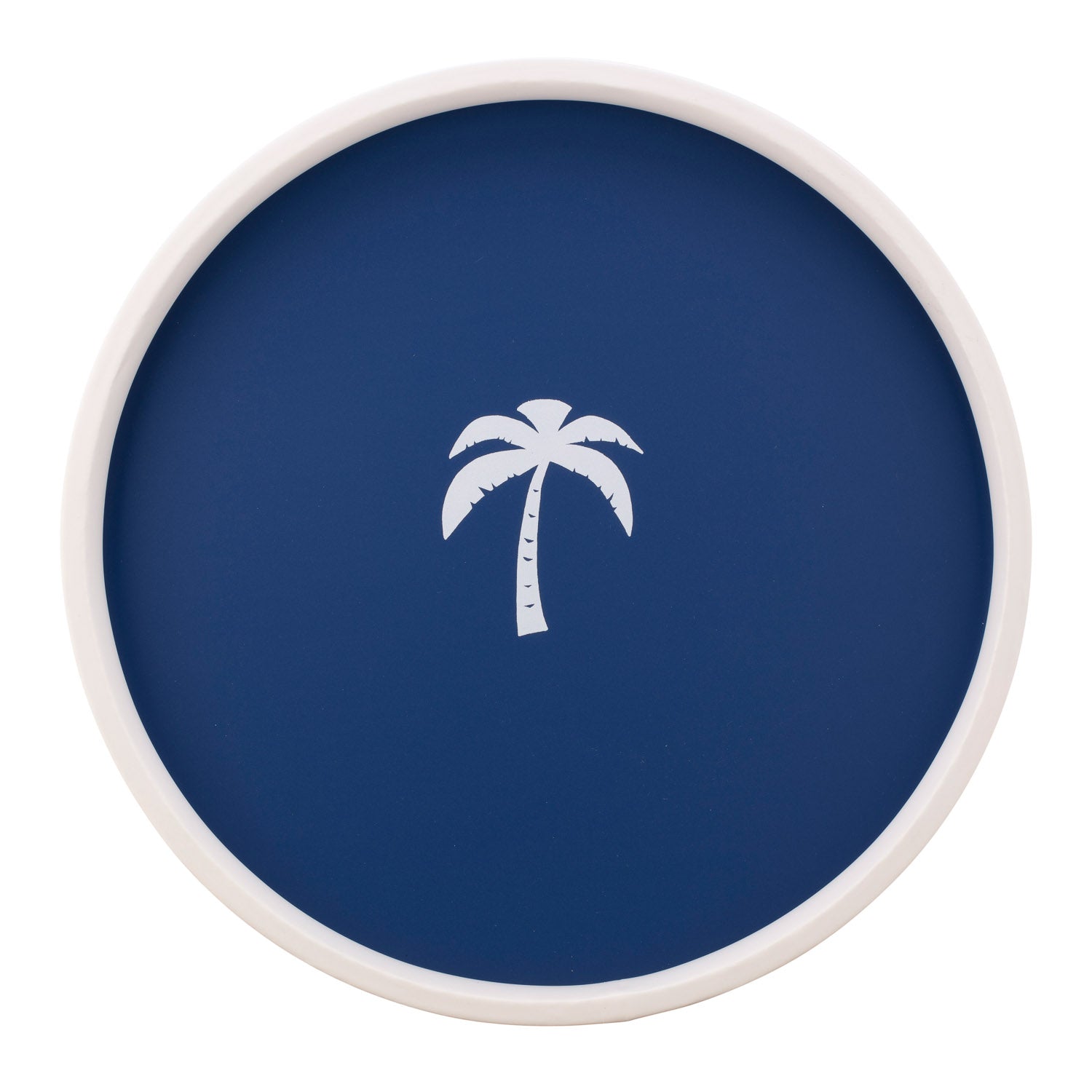 Royal Blue | Circular serving tray with a vibrant palm tree decal, shown flat on a white background.