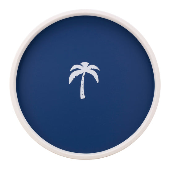 Royal Blue | Circular serving tray with a vibrant palm tree decal, shown flat on a white background.