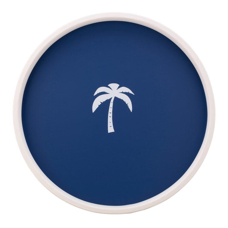 Royal Blue | Circular serving tray with a vibrant palm tree decal, shown flat on a white background.