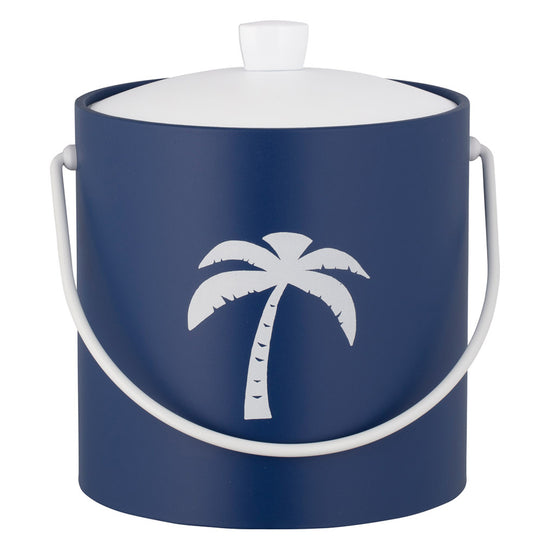 Royal Blue | Elegant 3QT ice bucket featuring a coastal white palm tree graphic, displayed on a plain white background.