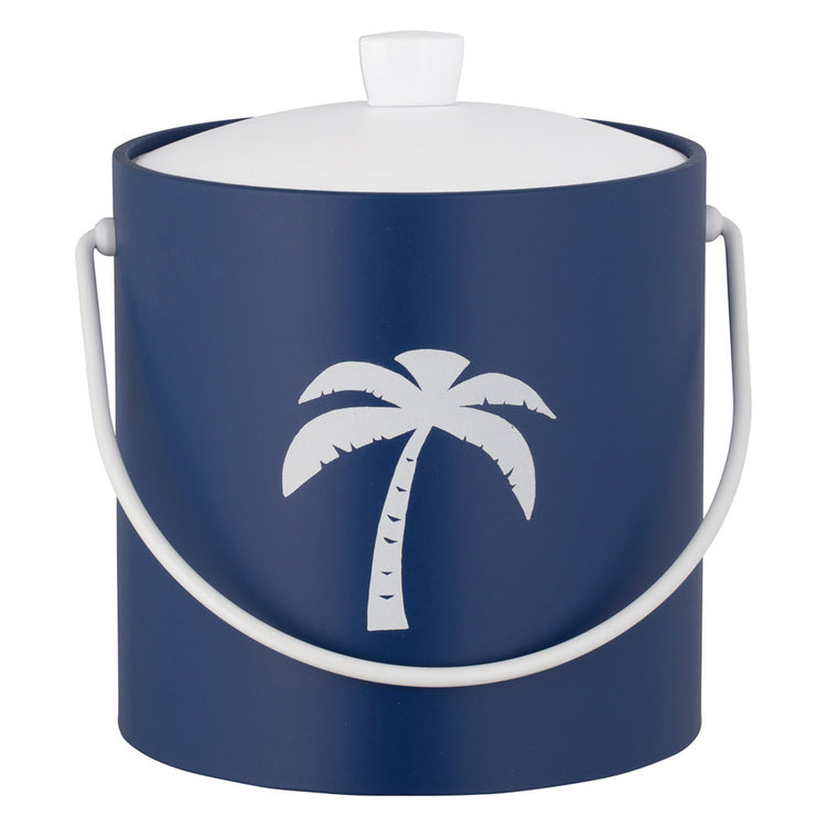 Royal Blue | Elegant 3QT ice bucket featuring a coastal white palm tree graphic, displayed on a plain white background.