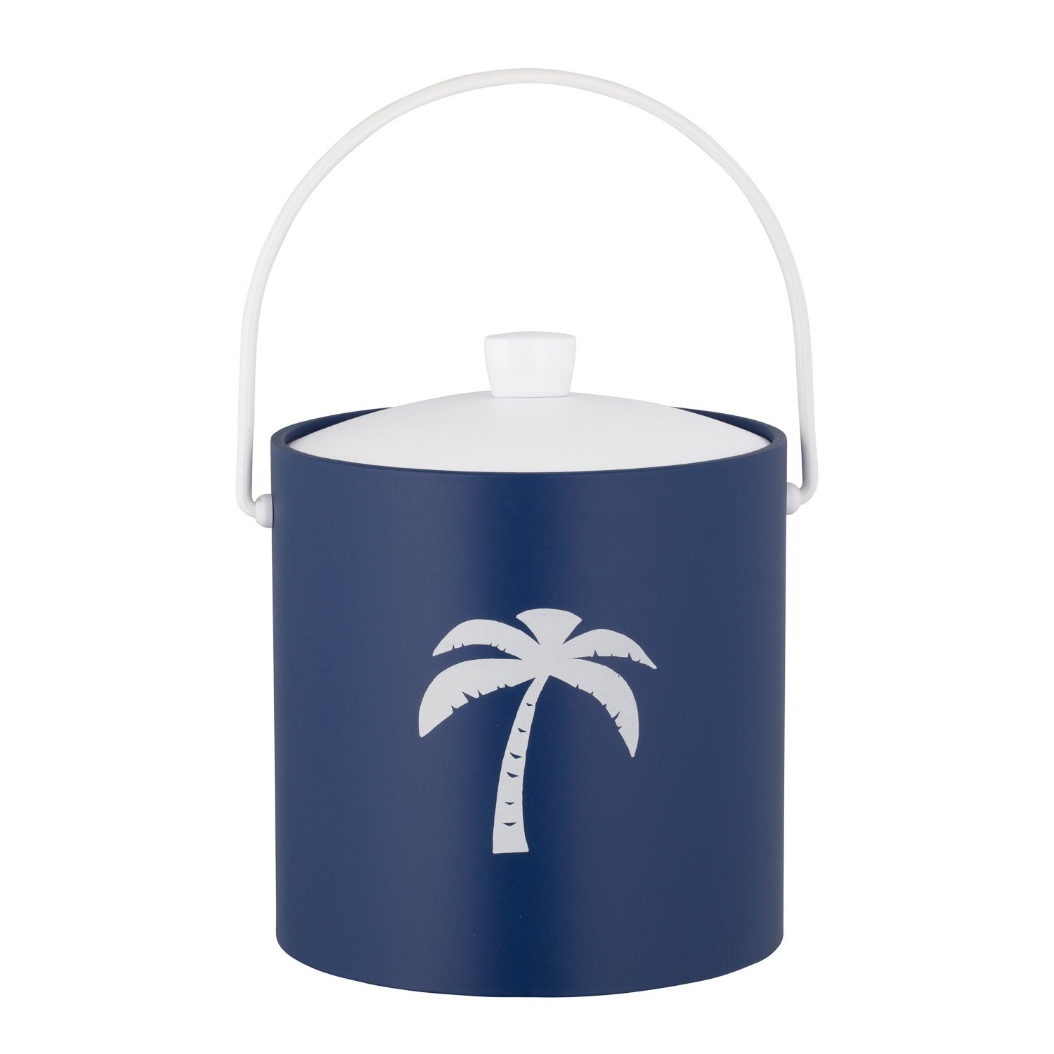 Royal Blue | Tropical-inspired ice bucket with palm tree decal, photographed on a white surface.