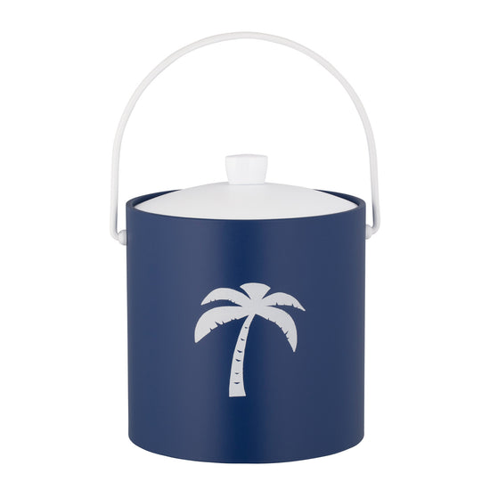 Royal Blue | Tropical-inspired ice bucket with palm tree decal, photographed on a white surface.