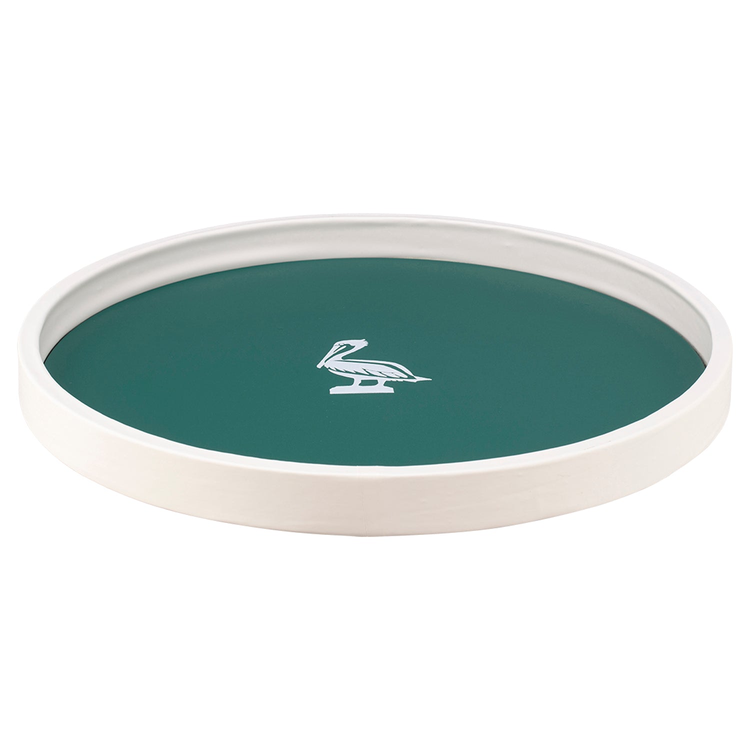 Tropic Green | Serving tray with a white silhouette of a pelican, photographed on a white surface.