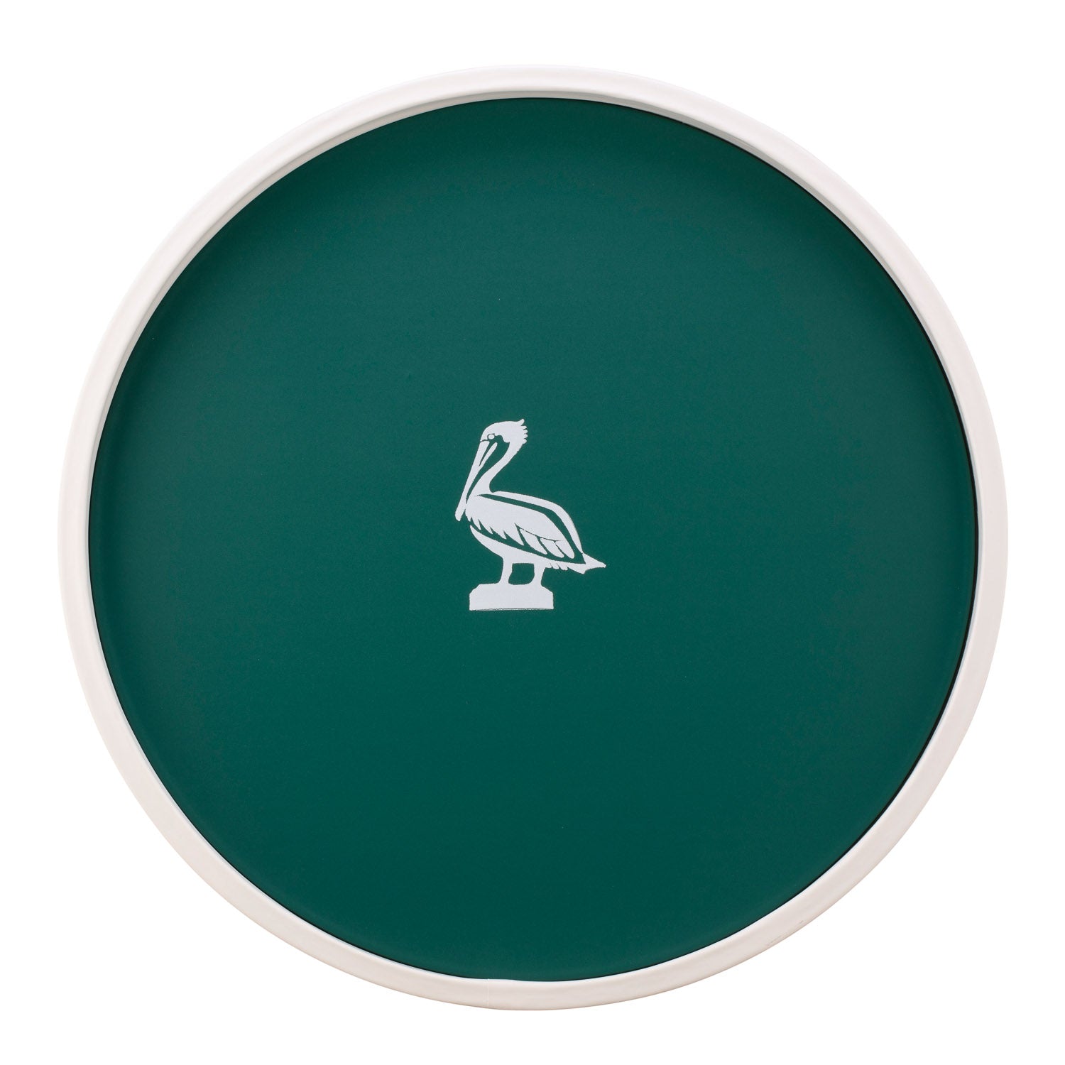 Tropic Green | White round serving tray with a pelican graphic in the center, placed on a white surface.