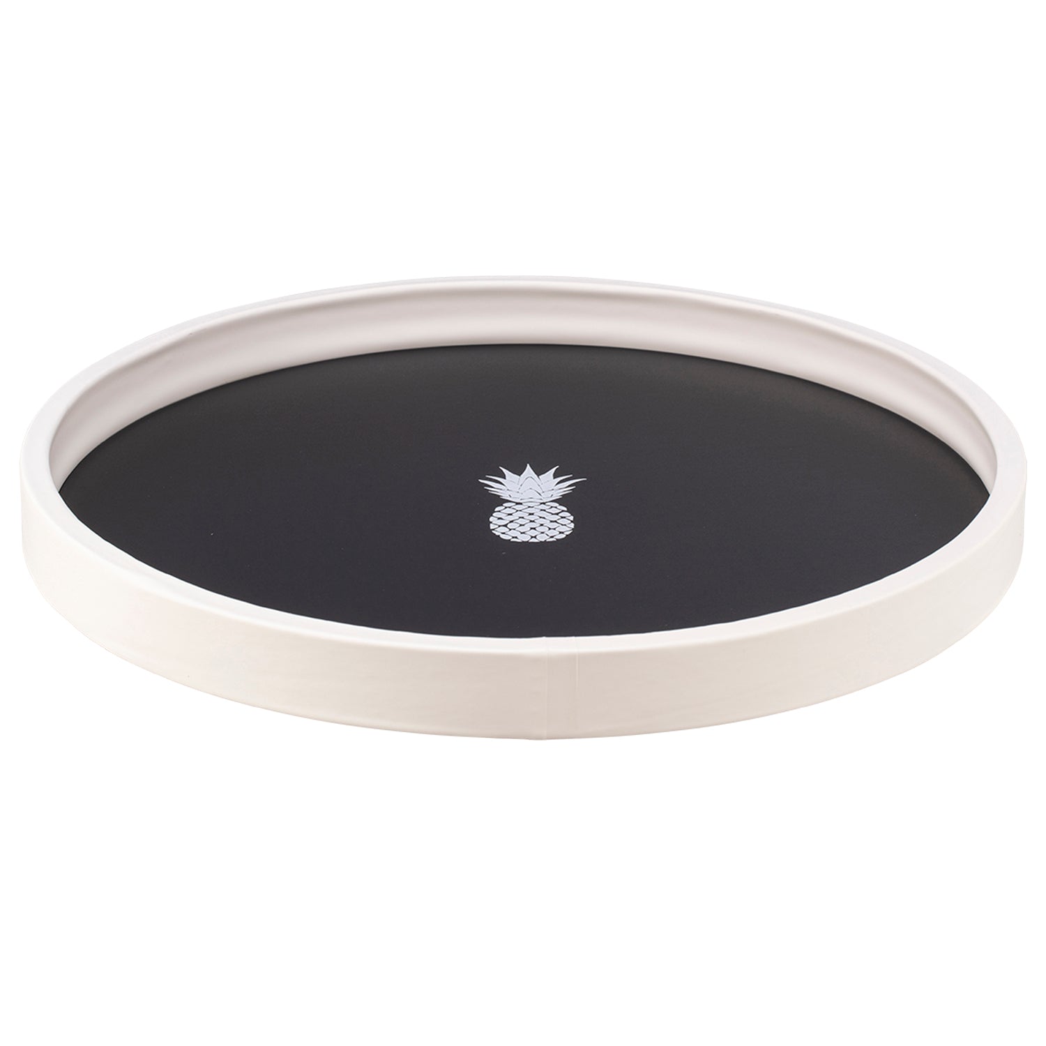 Black | Serving tray with white tropical pineapple decal, photographed on a white background.
