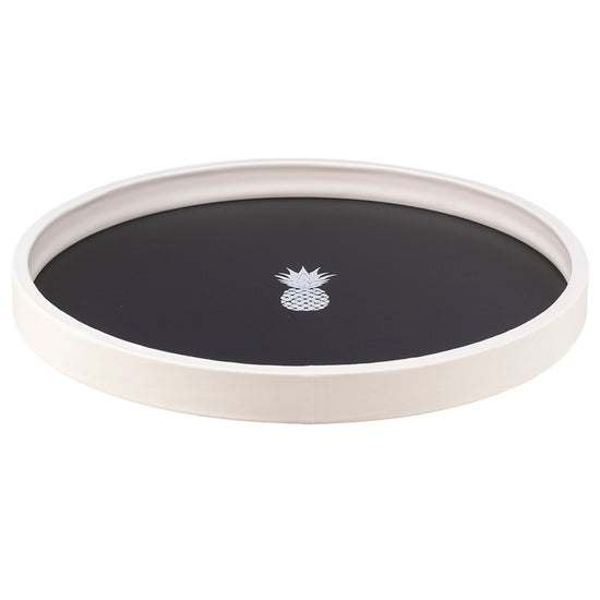 Black | Serving tray with white tropical pineapple decal, photographed on a white background.