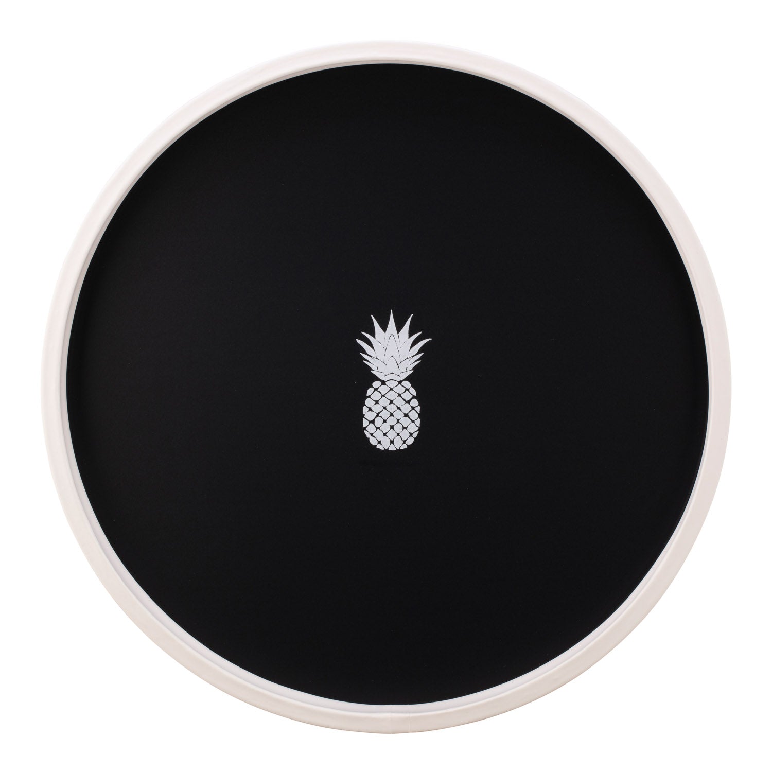 Black | Round serving tray with a centered pineapple graphic, placed on a white surface.