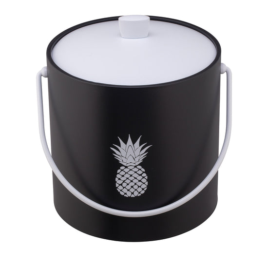 Black | 3QT ice bucket decorated with a white pineapple design, shown on a clean white surface.