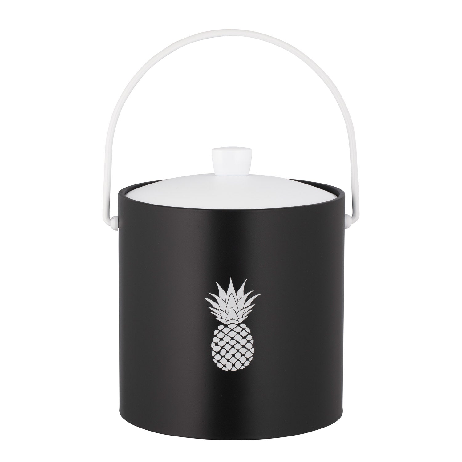 Black | Tropical-themed 3-quart ice bucket with white pineapple decal, photographed on a white background.