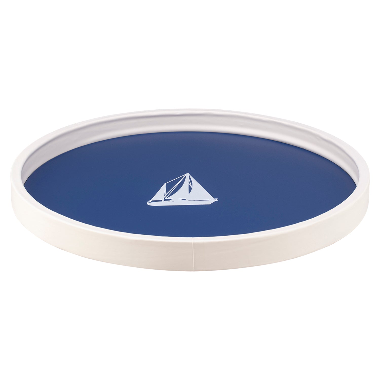 Royal Blue | Circular tray featuring a minimalist white sailboat design, shown against a clean white backdrop.