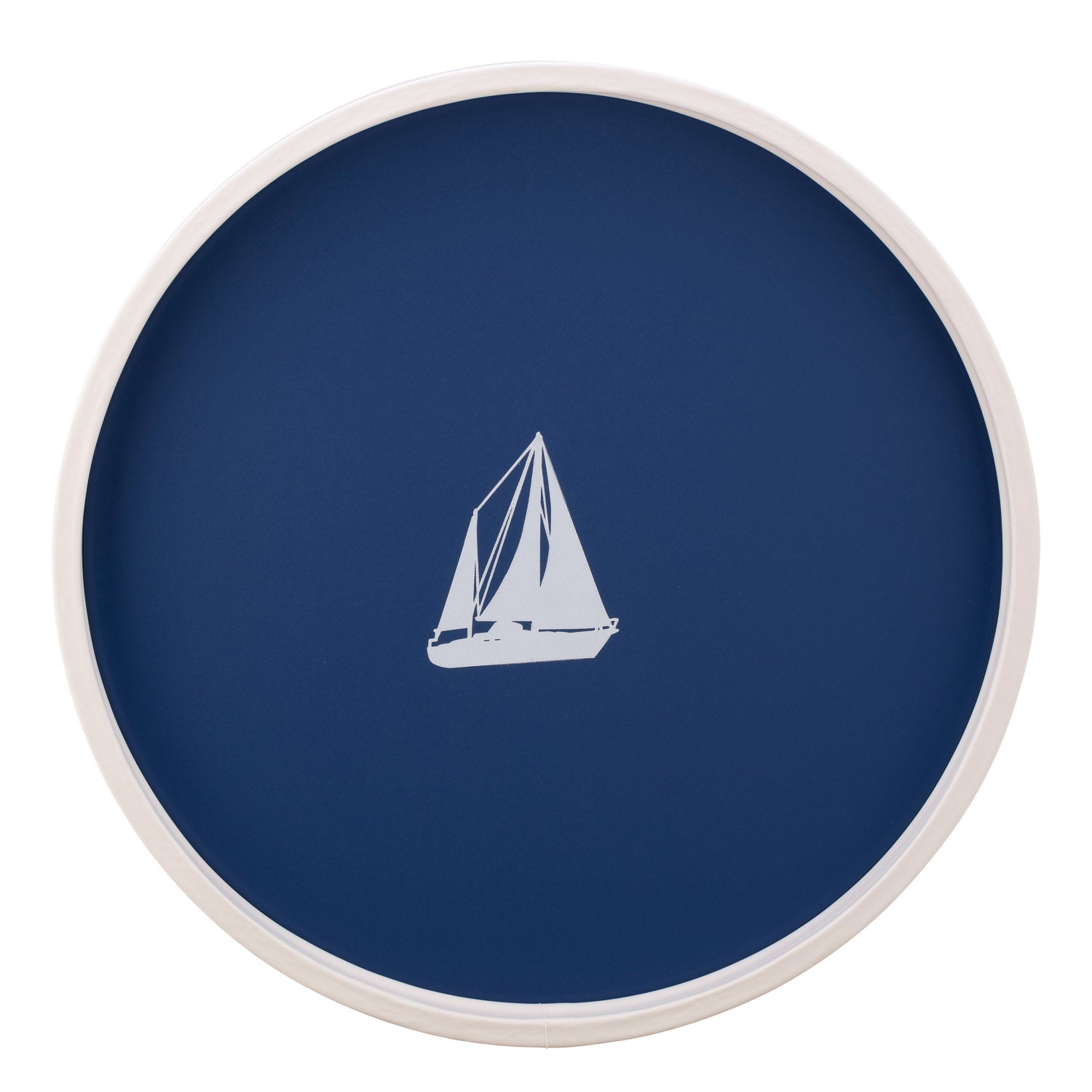 Royal Blue | Round serving tray with a white sailboat decal centered, displayed on a plain white background.
