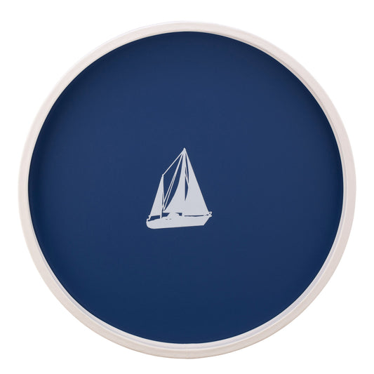 Royal Blue | Round serving tray with a white sailboat decal centered, displayed on a plain white background.