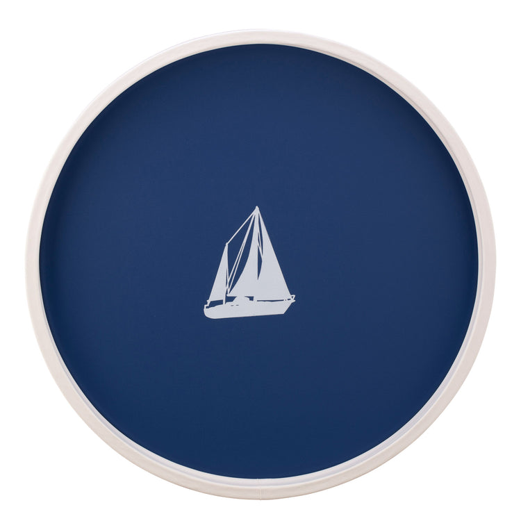 Royal Blue | Round serving tray with a white sailboat decal centered, displayed on a plain white background.