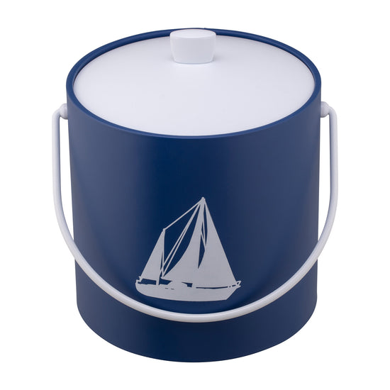 Royal Blue | Ice bucket with a simple white sailboat graphic in the center, placed on a white surface.
