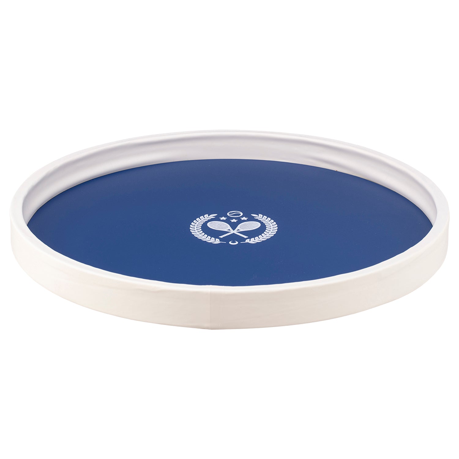 Royal Blue | Circular tray featuring white tennis rackets design, shown against a clean white backdrop.