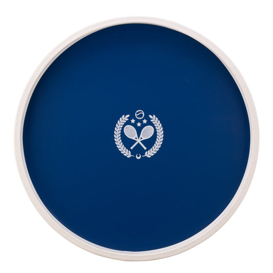 Royal Blue | Round serving tray with white crossed tennis rackets decal in the center, displayed on a plain white background.