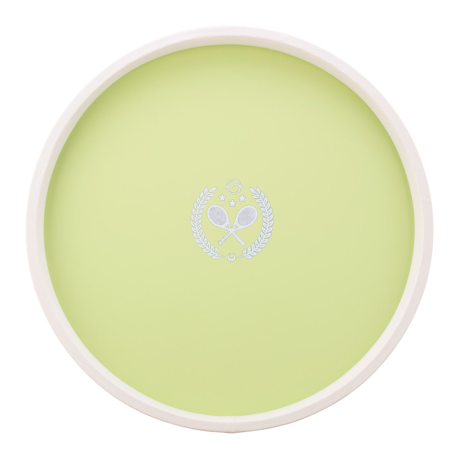 Light Green | Round serving tray with a centered tennis-themed graphic of two rackets, placed on a white surface.