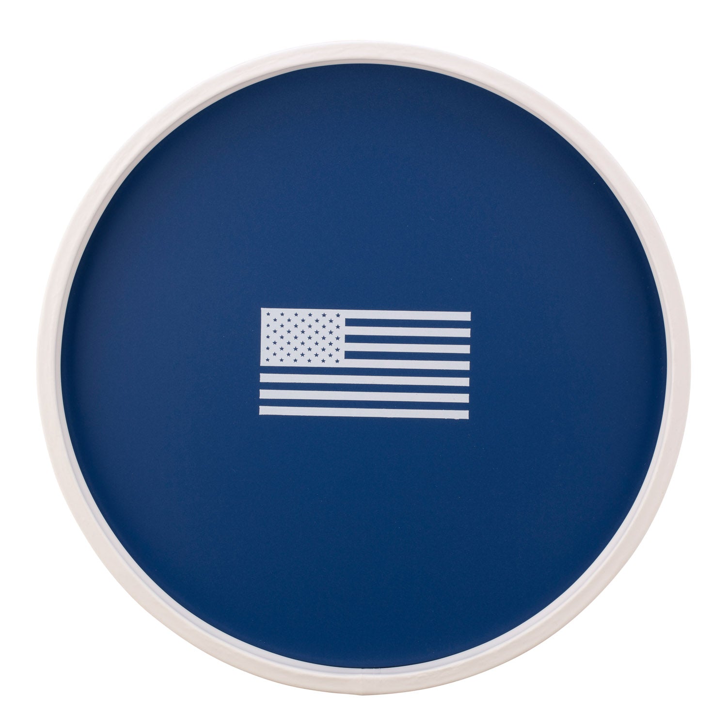 Royal Blue | Round serving tray with a patriotic American flag graphic in the center, placed on a white surface.