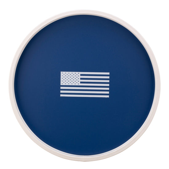 Royal Blue | Round serving tray with a patriotic American flag graphic in the center, placed on a white surface.