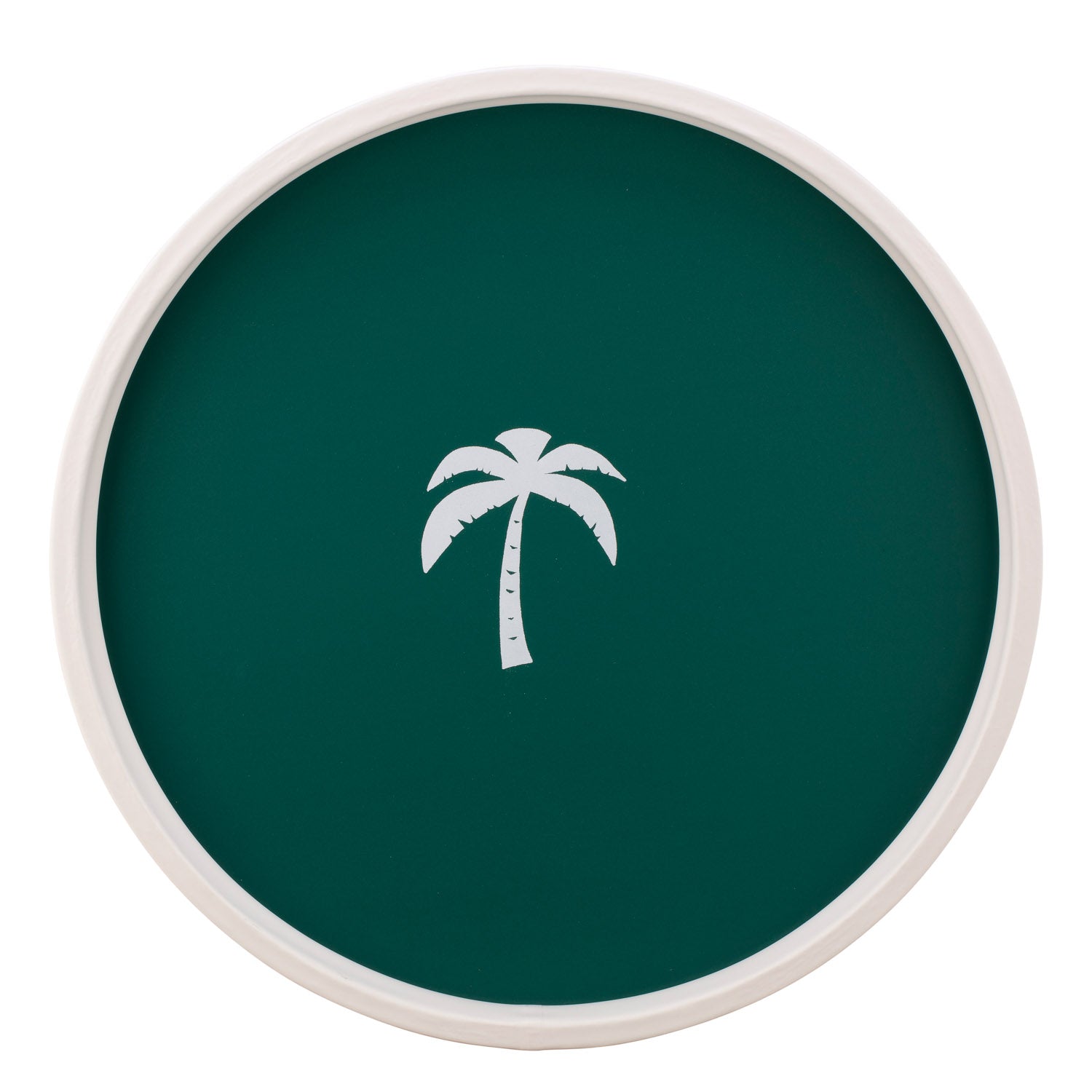 Tropic Green | Round tray with a tropical vibe, showcasing a white palm tree image, set on a white surface.