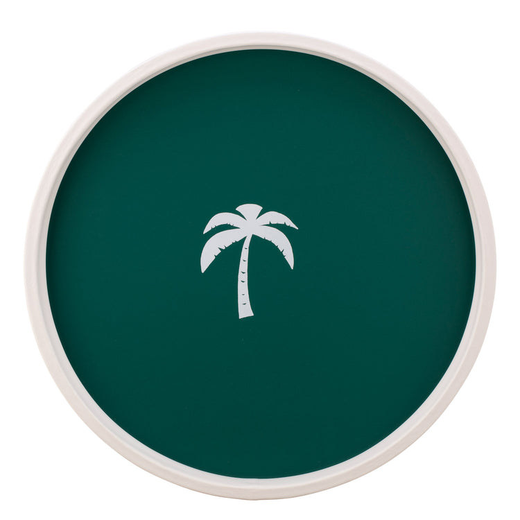 Tropic Green | Round tray with a tropical vibe, showcasing a white palm tree image, set on a white surface.