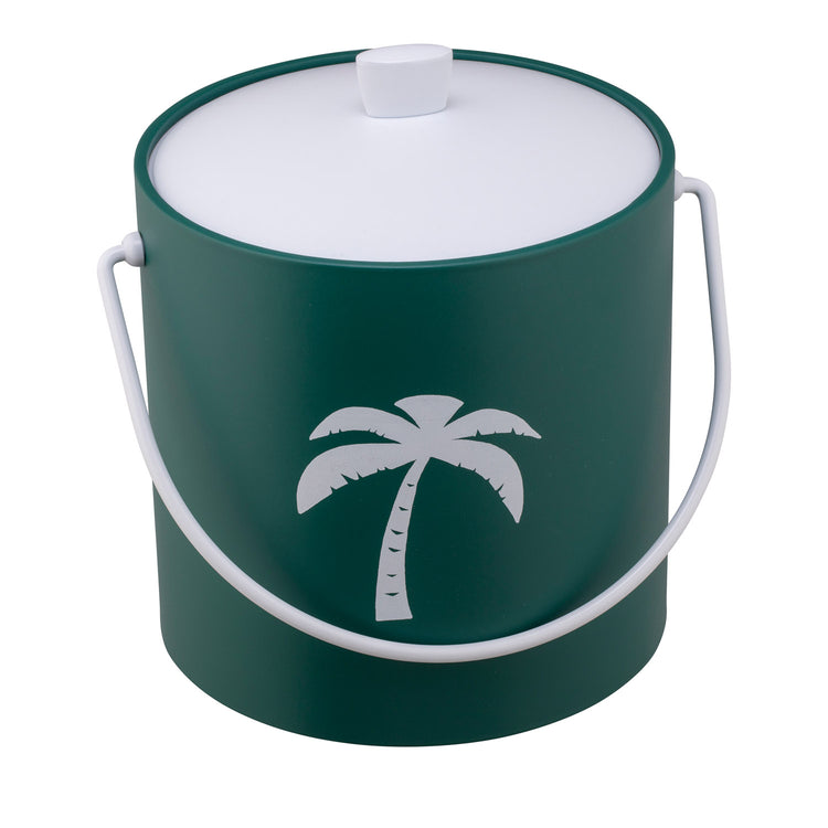 Tropic Green | 3QT ice bucket decorated with a white palm tree decal, shown on a clean white surface.