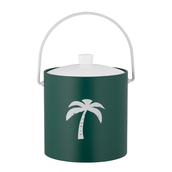 Tropic Green | Coastal-themed 3-quart ice bucket with white palm tree decal, photographed on a white background.