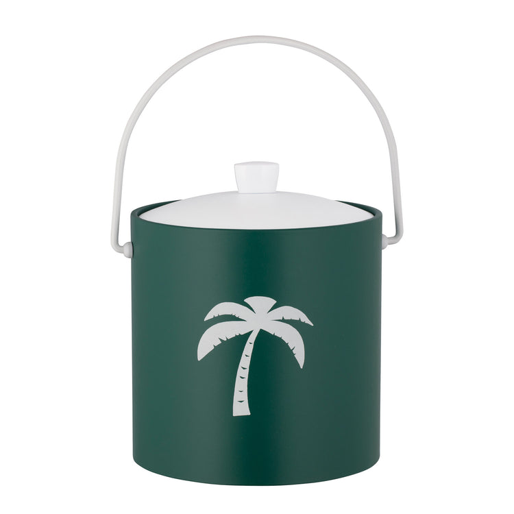 Tropic Green | Coastal-themed 3-quart ice bucket with white palm tree decal, photographed on a white background.