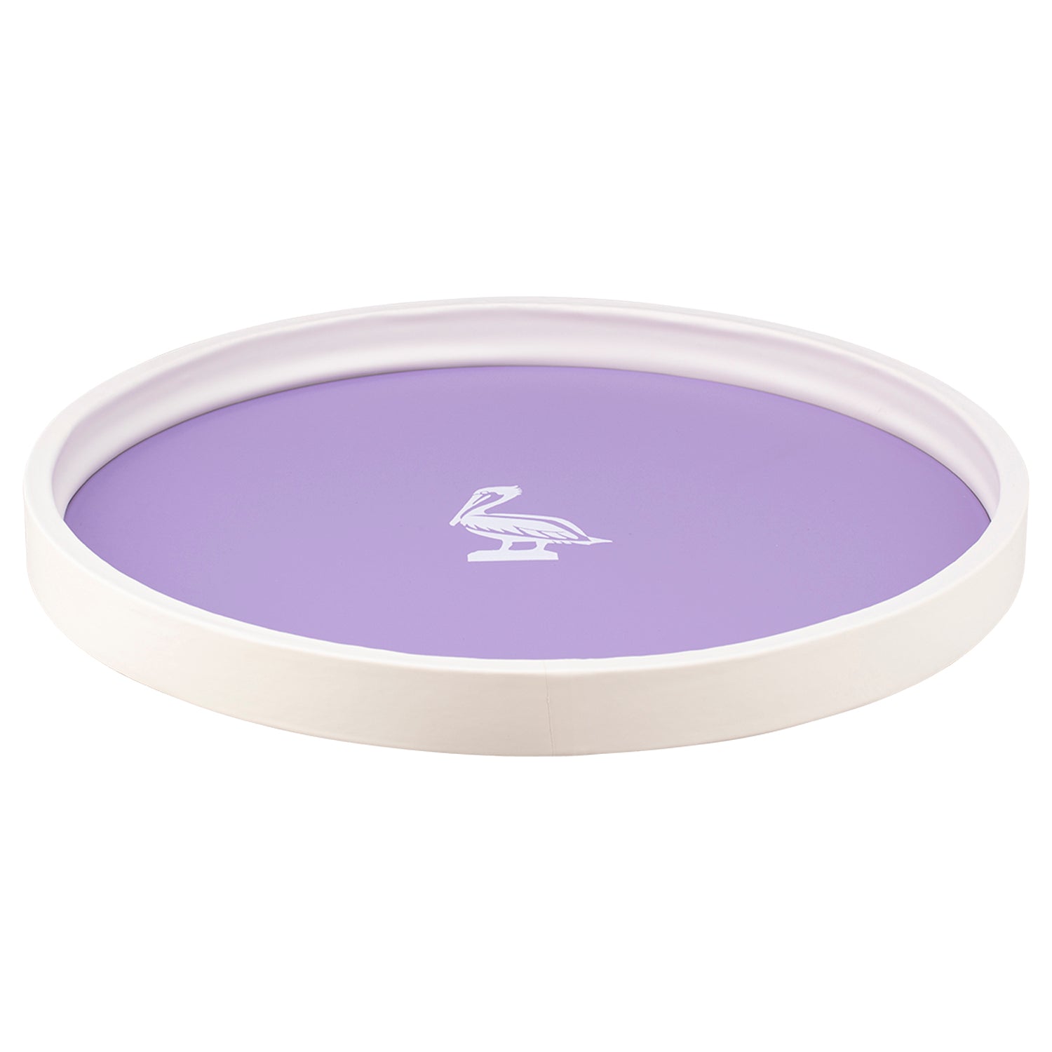 Lavender | Circular tray featuring a white pelican design, shown against a clean white backdrop.