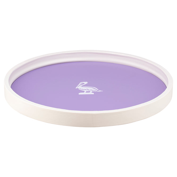 Lavender | Circular tray featuring a white pelican design, shown against a clean white backdrop.