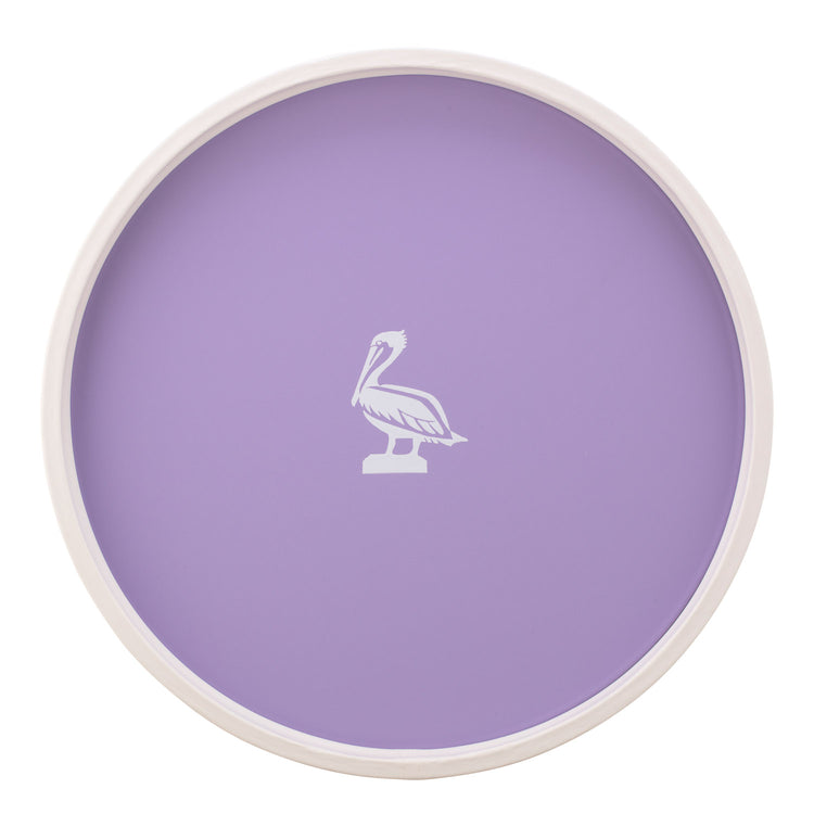 Lavender | Round serving tray with a white pelican decal centered, displayed on a plain white background.