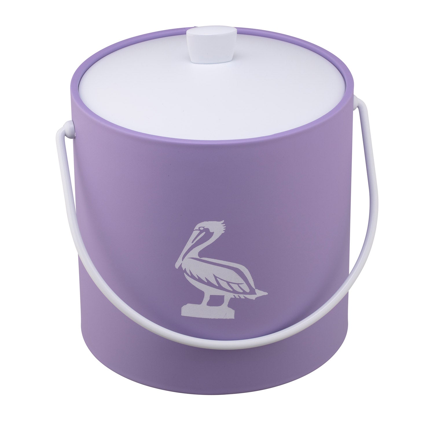 Lavender | Ice bucket with a simple white pelican graphic in the center, placed on a white surface.