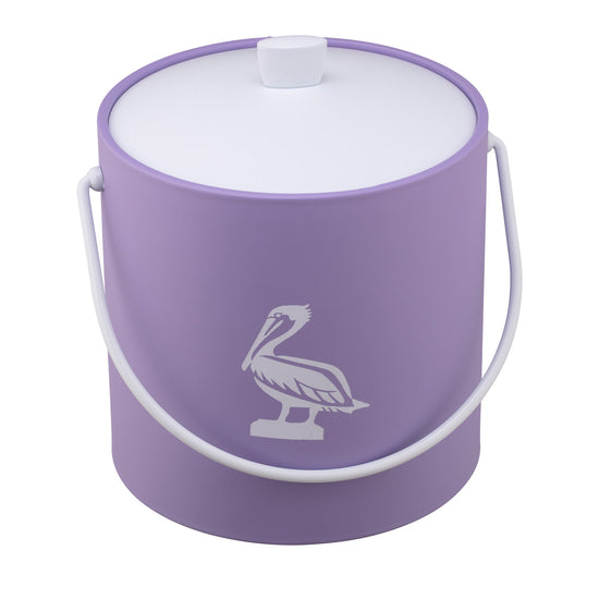 Lavender | Ice bucket with a simple white pelican graphic in the center, placed on a white surface.
