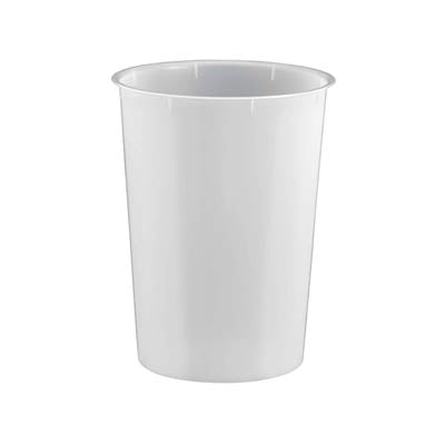 White | 8-quart round plastic wastebasket liner, clear and lightweight shown on a white background.