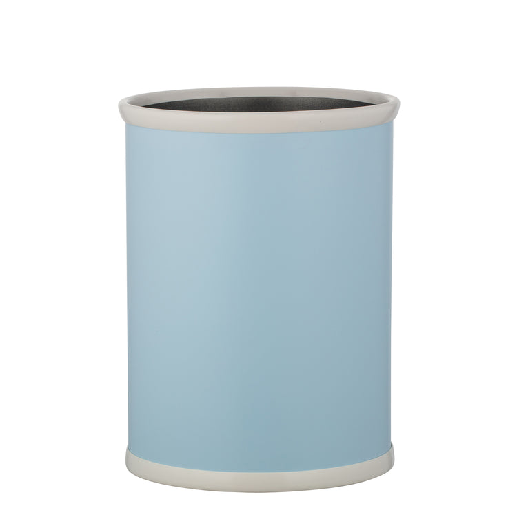 Light Blue | Sleek leatherette wastebasket with oval silhouette, placed on a white surface.