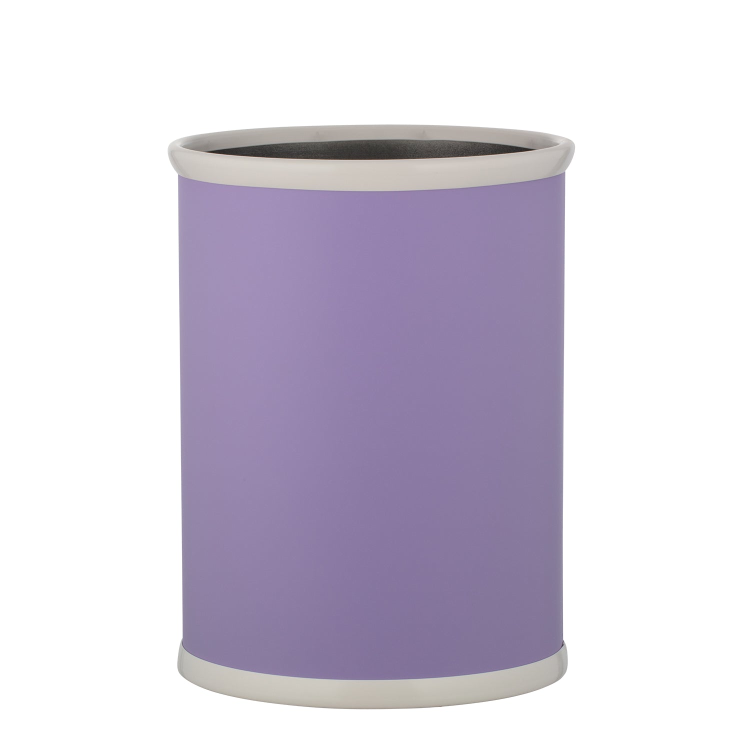 Lavender | Stylish oval leatherette trash can, set against a white backdrop.