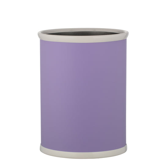 Lavender | Stylish oval leatherette trash can, set against a white backdrop.