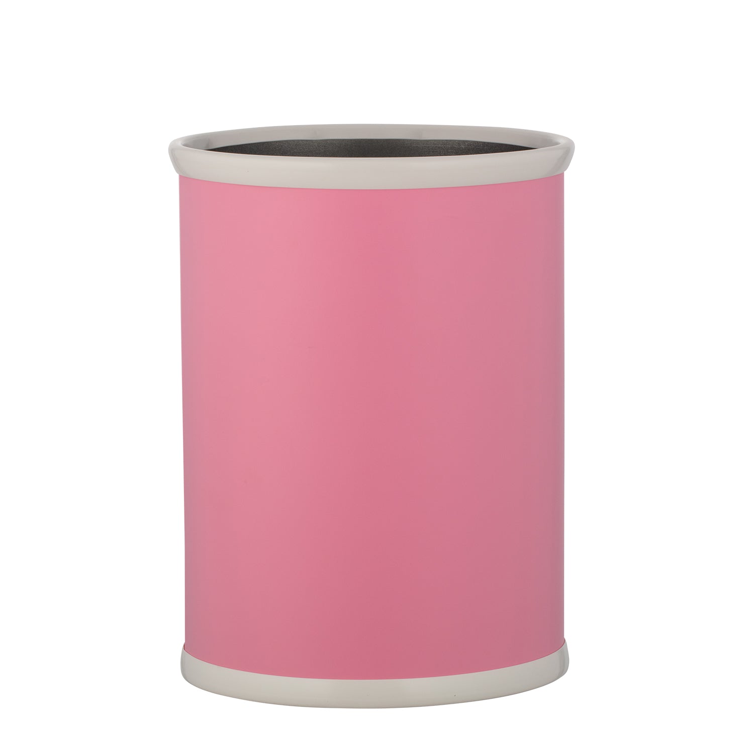 Pink | Leatherette office wastebasket in an oval shape, featured on a clean white background.