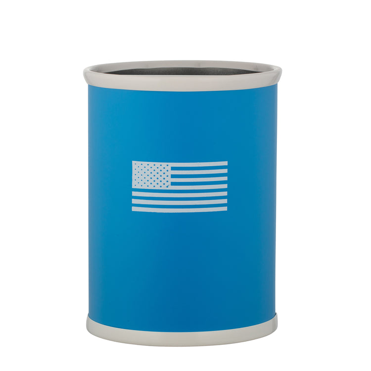 Process Blue | 13-quart oval wastebasket with an American flag decal, placed on a white background.