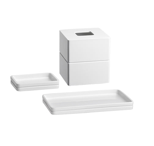 White | Malibu amenity tray, soap dish, and tissue box cover arranged on a white background.
