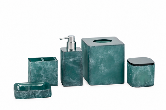 Turquoise | A 5-piece bathroom vanity set in a textured teal green stone-like material, including a soap dish, toothbrush holder, pump bottle, tissue box cover, and small lidded container, shown on a white background.