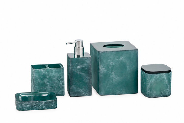 Turquoise | A 5-piece bathroom vanity set in a textured teal green stone-like material, including a soap dish, toothbrush holder, pump bottle, tissue box cover, and small lidded container, shown on a white background.