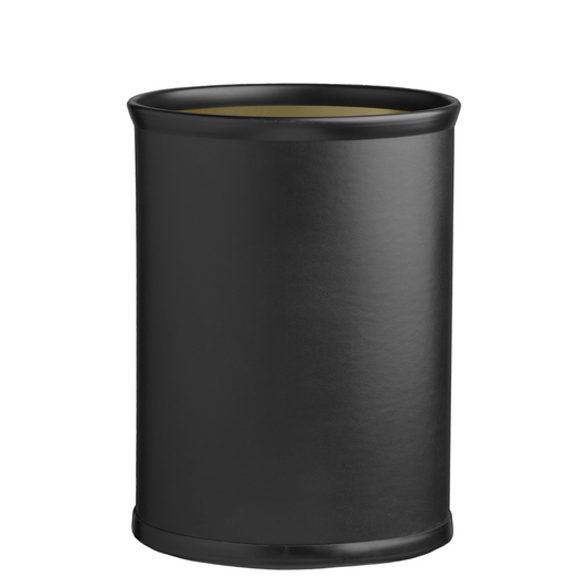 Black | Leatherette wrapped 13qt oval wastebasket with bumpers on a white background.
