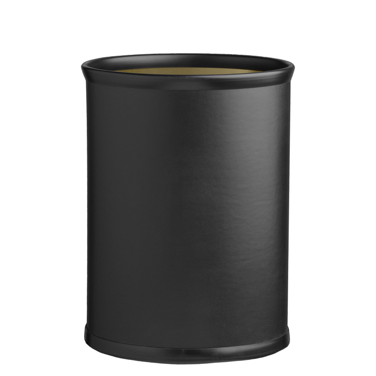 Black | Leatherette wrapped 13qt oval wastebasket with bumpers on a white background.